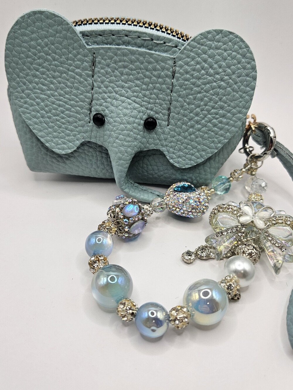 Light Blue Elephant Coin Purse Keychain with Beaded Charm